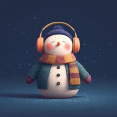 Snowman wearing headphones enjoys music in a winter wonderland setting with soft snowfall in the background