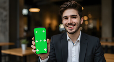 Young Professional Displaying Smartphone with Green Screen for App or Content