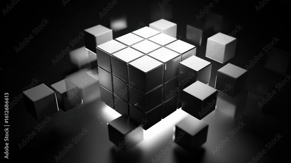 Poster abstract digital art of a glowing 3d cubic puzzle with floating pieces illuminated in black and whit