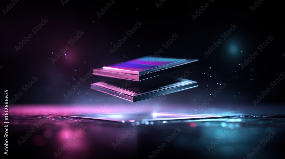 Aufkleber futuristic glowing smartphone floating above a reflective surface with neon lights and cosmic backgr