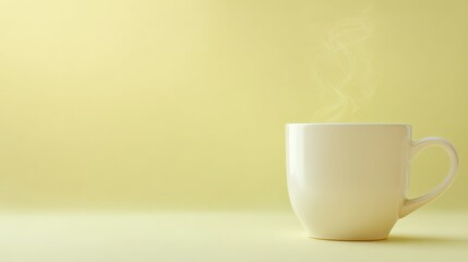 Minimalist Ceramic Coffee Mug with Steam on Soft Yellow Background for Morning Beverage and Hot Drink Promotion