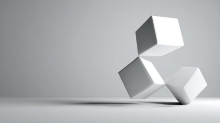 Modern minimalistic white cubic blocks arranged dynamically on a plain grey background with subtle shadows and soft lighting for art design
