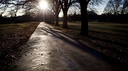 Sunlit Pathway Through Trees Casting Long Shadows in Park Setting