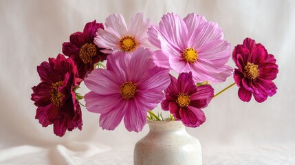 Vibrant bouquet of pink and burgundy cosmos flowers in a vase.