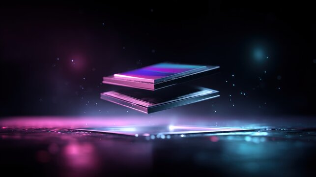 Futuristic glowing smartphone floating above a reflective surface with neon lights and cosmic background in a high-tech digital art scene