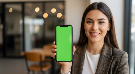 Smiling Businesswoman Presenting Smartphone with Green Screen Display