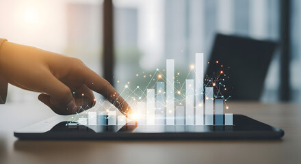 Business Growth and Data Analysis: Hand Interacting with Digital Chart on Tablet