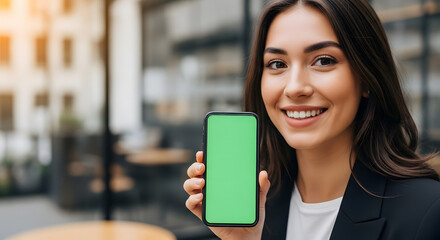 Smiling Businesswoman Presenting Smartphone with Green Screen Display