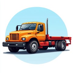 Bright orange flatbed truck parked on a white background during a clear day in a commercial area, showcasing its sturdy design and functionality