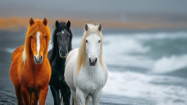 Three majestic horses stand together on a black sand beach at sunrise near a tranquil ocean - Powered by Adobe