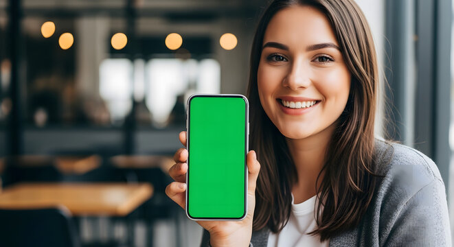Smiling Businesswoman Presenting Smartphone with Green Screen Display