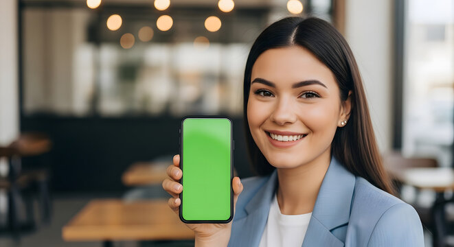 Smiling Businesswoman Presenting Smartphone with Green Screen Display - Powered by Adobe