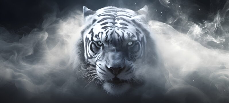 a light white tiger , coming out of the smoke, Generative AI