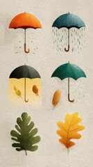 Colorful umbrellas depicting different weather conditions with falling leaves in an artistic representation of the seasons