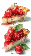 Delicious cherry pie slice with fresh cherries and glossy glaze on a simple background