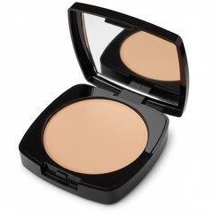 Open cosmetic powder case with mirror on white background