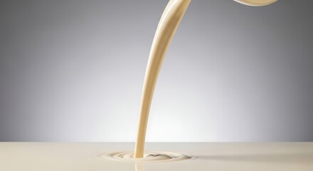 A smooth stream of creamy beige liquid is poured onto a surface, creating a gentle splash against a clean grey background