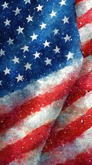 Watercolor representation of the American flag with bold colors and textures, showcasing pride and national identity in a vibrant artistic style