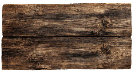 Two weathered wooden planks with a rich dark grain isolated on transparent background