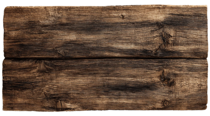 Two weathered wooden planks with a rich dark grain isolated on transparent background