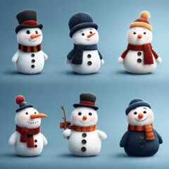 Winter collection of cute snowmen in various outfits and expressions displayed on a light blue background during a festive season