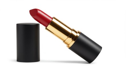 Red lipstick with black and gold tube and cap white background