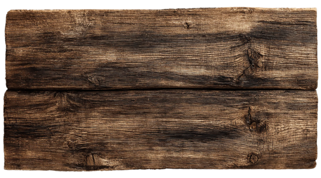 Two weathered wooden planks with a rich dark grain isolated on transparent background