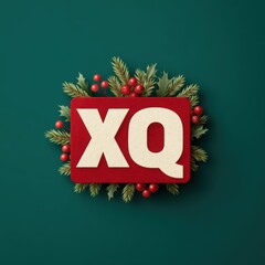 Holiday card design featuring red and white lettering with festive greenery and berries on a green background