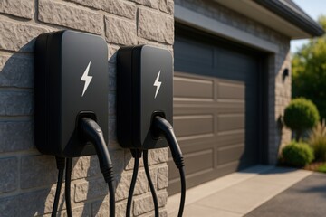 Smart home energy storage. Electric vehicle chargers installed on a modern garage wall.