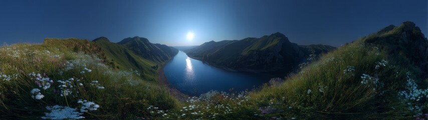 Naklejka premium Stunning hdr panorama of serene nature landscape 360 degrees view over tranquil river