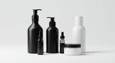 Assortment of black and white cosmetic bottles and containers