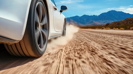 Sleek sports car races across dusty desert road, kicking up clouds of dust against backdrop