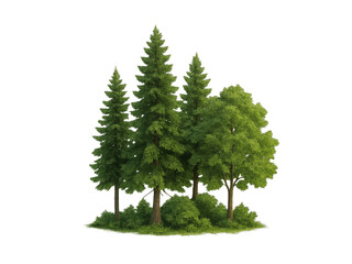 Lush realistic pine and broadleaf trees with green undergrowth isolated transparent background. Generative AI