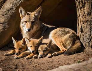 Fototapeta premium Mother Coyote Resting in Den with Playful Pups. A beautiful photo of a coyote family. wolf in the den.