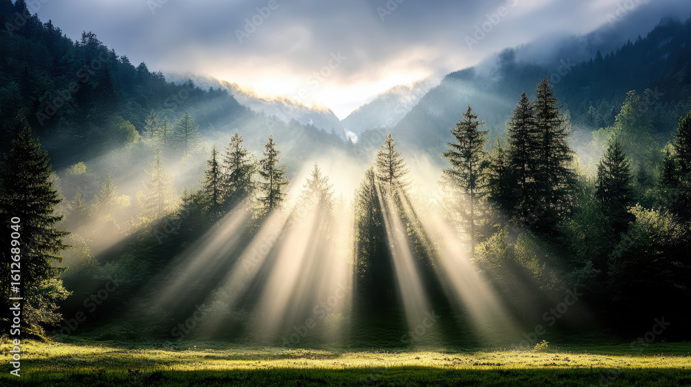 Poster sunbeams piercing through trees on mountain hillside create serene atmosphere