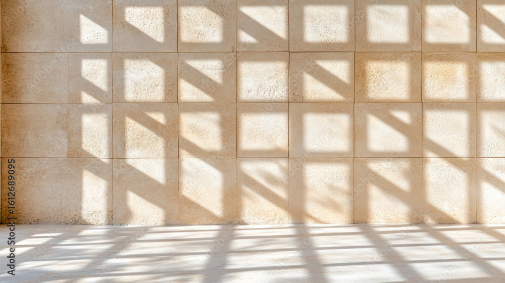 Poster sunlight filtered through lattice creates beautiful cross pattern on textured wall