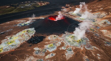 Aerial View of Active Volcano with Red Crater and Steaming Geothermal Vents