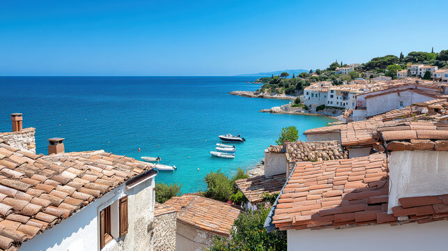 Coastal town with terracotta rooftops overlooking serene blue sea and boats