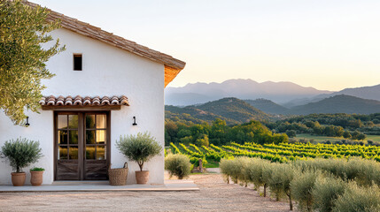 Serene farmhouse surrounded by olive groves and vineyards, with mountains background