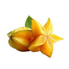A pair of vibrant starfruit one sliced to showcase its star shape isolated on transparent background