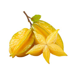 A trio of golden starfruit one sliced to reveal its star shape resting against a transparent background