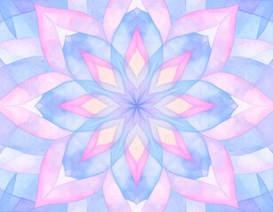 Watercolor flower in soft pastel colors. Symmetrical floral pattern with layered petals in pink, purple, and blue. Gentle texture and creative style. Perfect for backgrounds, greeting cards, prints