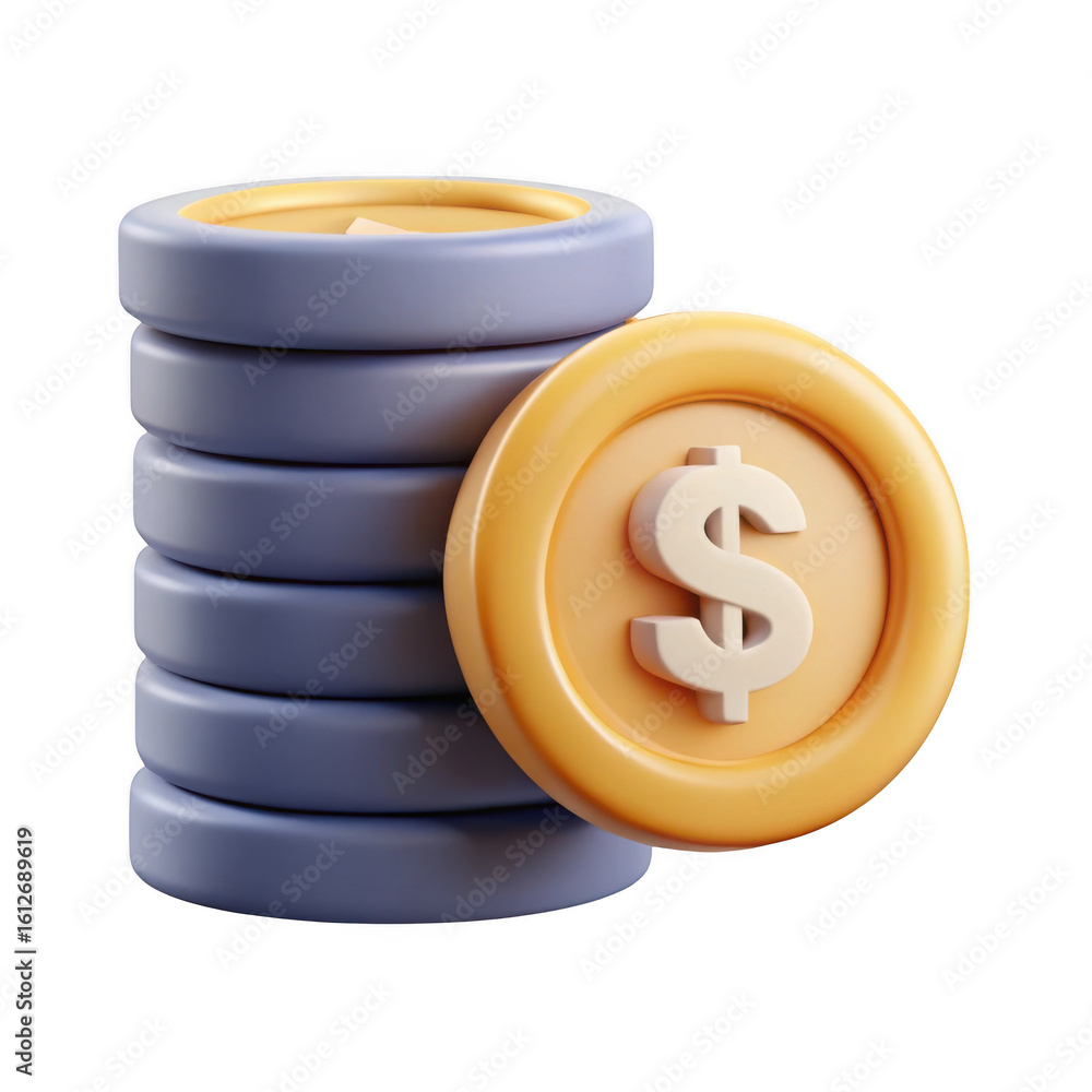 Poster 3d rendered stack of coins with dollar sign isolated on transparent background