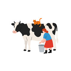 A Charming Countryside Scene: Woman Milking a Cow with a Cat Resting on Its Back
