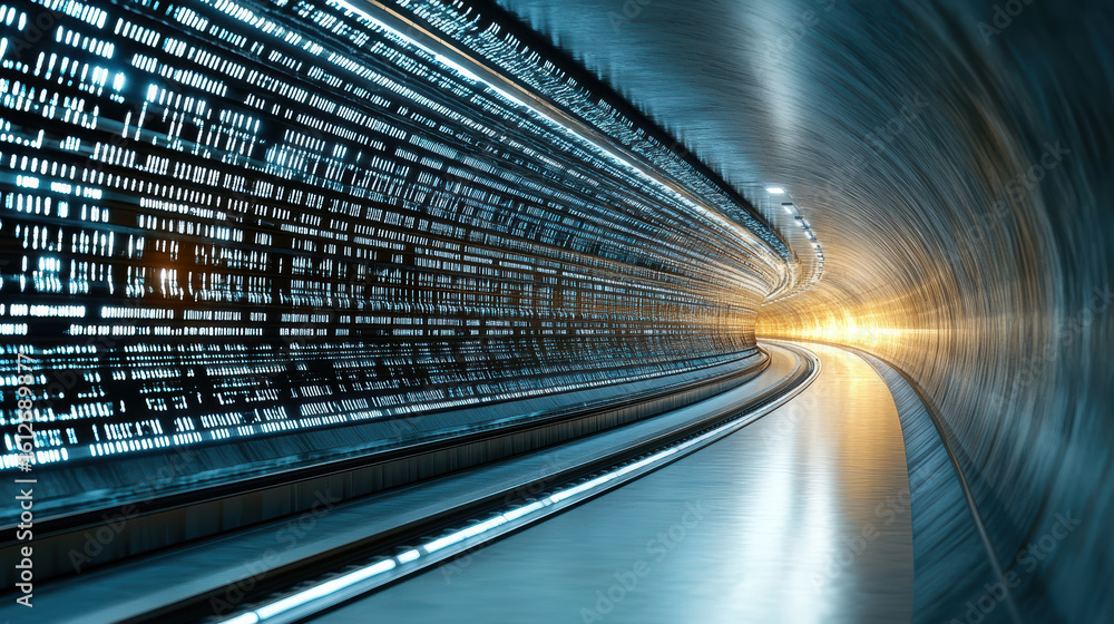 Poster high speed tunnel with glowing data flow, showcasing technology and motion