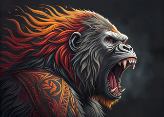 Fototapeta premium Roaring Tribal Gorilla with Fiery Hair – Angry Beast Illustration in Fantasy Style