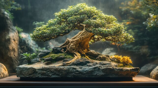 A rare and ancient bonsai tree displayed in a museum, with delicate aged bark and meticulously arranged branches