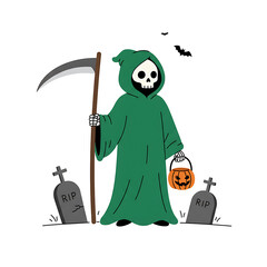 Grim Reaper's Halloween Trick-or-Treat Adventure: A Spooky Cartoon Illustration