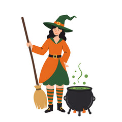 A Happy Halloween Witch Brewing a Magical Potion in her Cauldron with a Broom