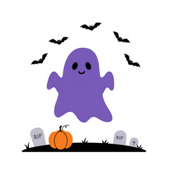 Adorable Purple Ghost Halloween Illustration with Bats and Pumpkins